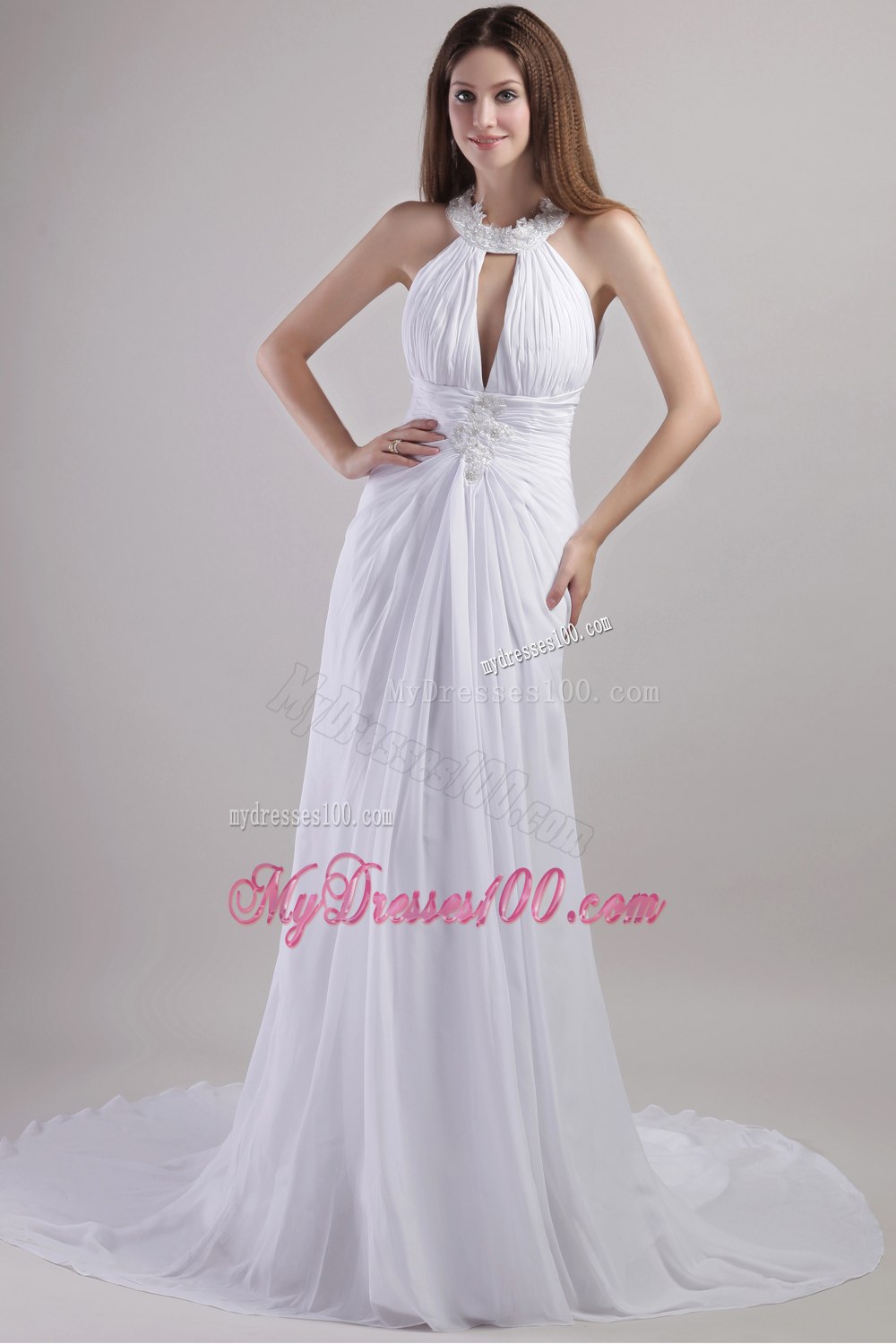 Popular Sheath Column Halter Chapel Train Appliques Wedding Dress
