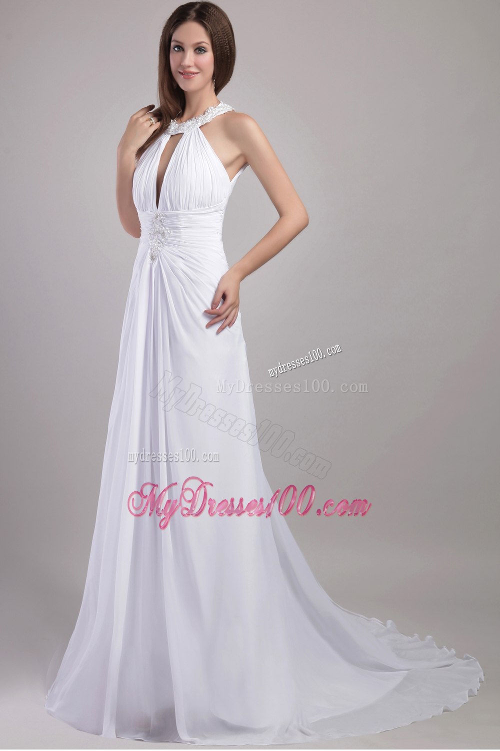 Popular Sheath Column Halter Chapel Train Appliques Wedding Dress