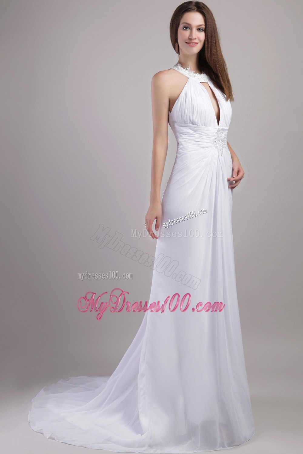 Popular Sheath Column Halter Chapel Train Appliques Wedding Dress