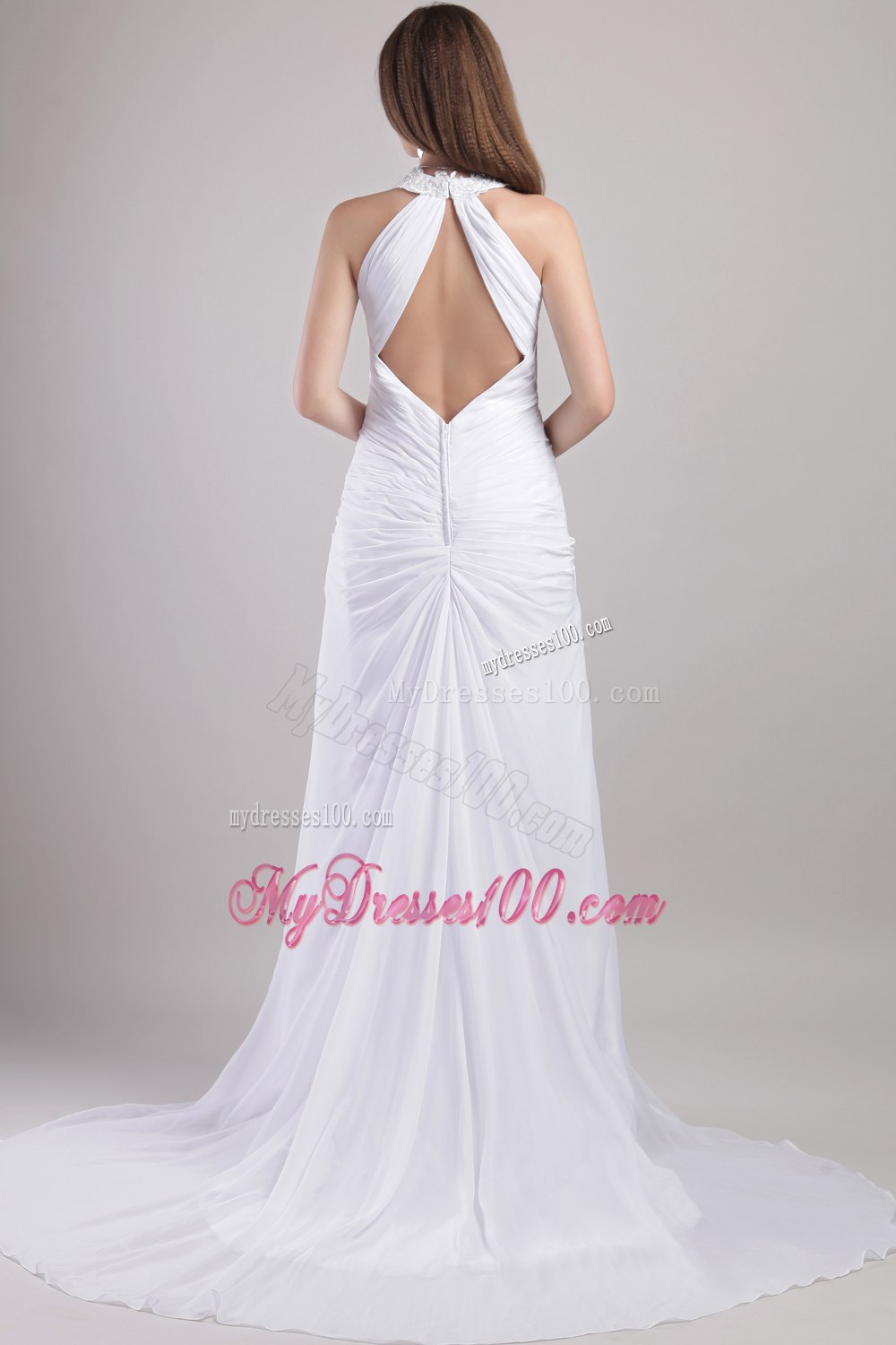 Popular Sheath Column Halter Chapel Train Appliques Wedding Dress