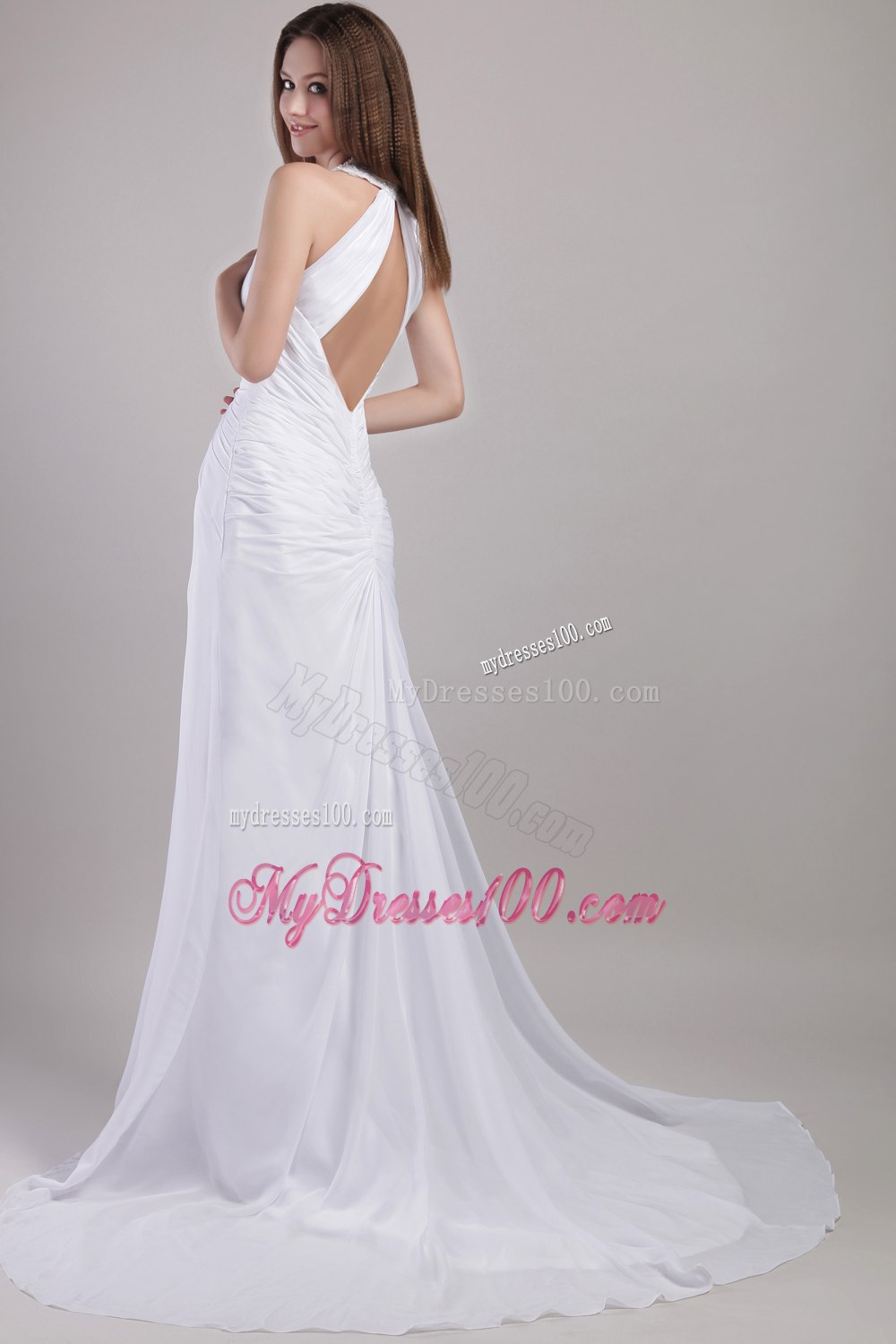 Popular Sheath Column Halter Chapel Train Appliques Wedding Dress