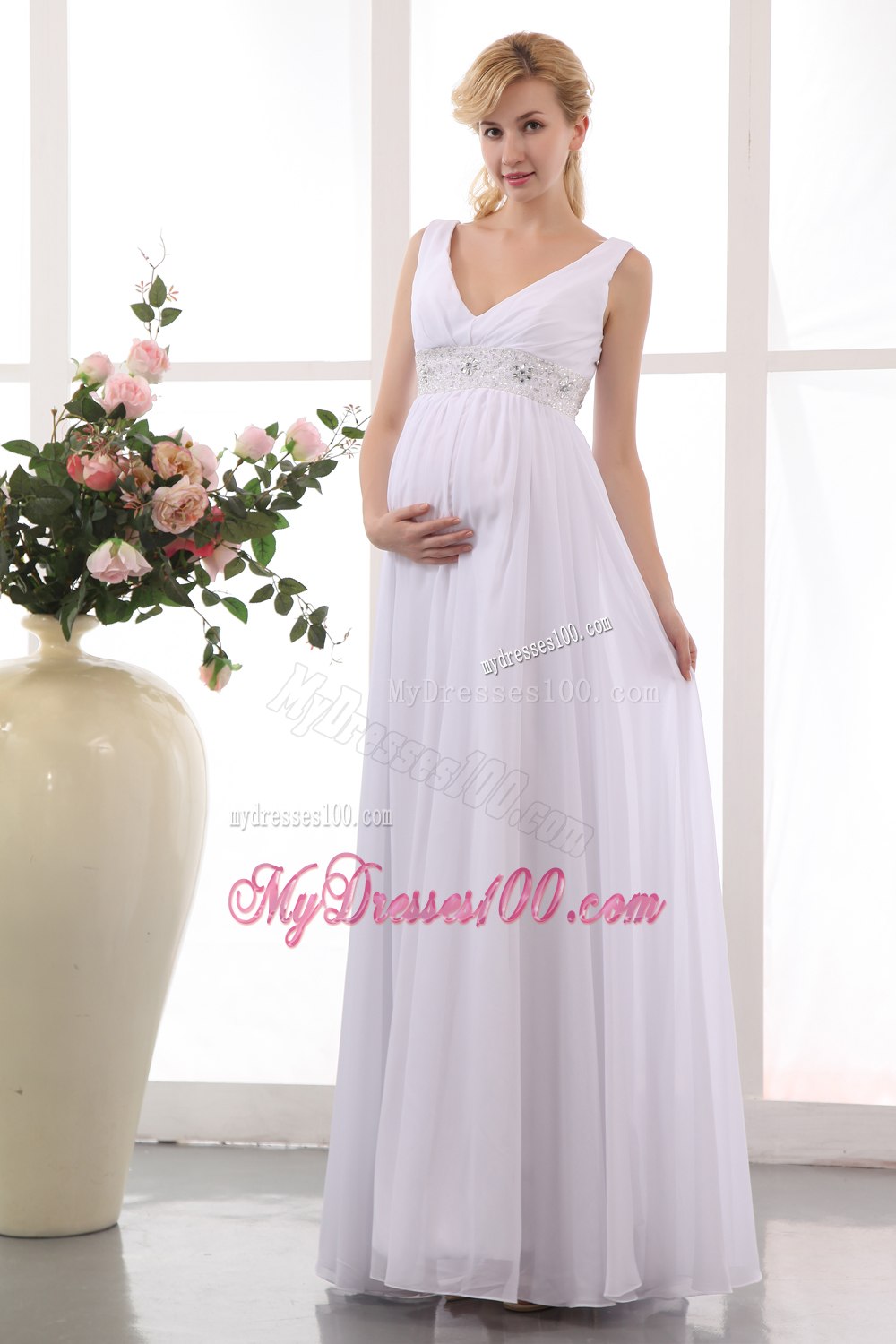 Popular Empire V-neck Ankle-length Beading Maternity Wedding Dress
