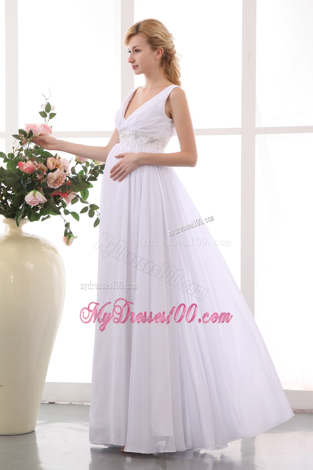 Popular Empire V-neck Ankle-length Beading Maternity Wedding Dress