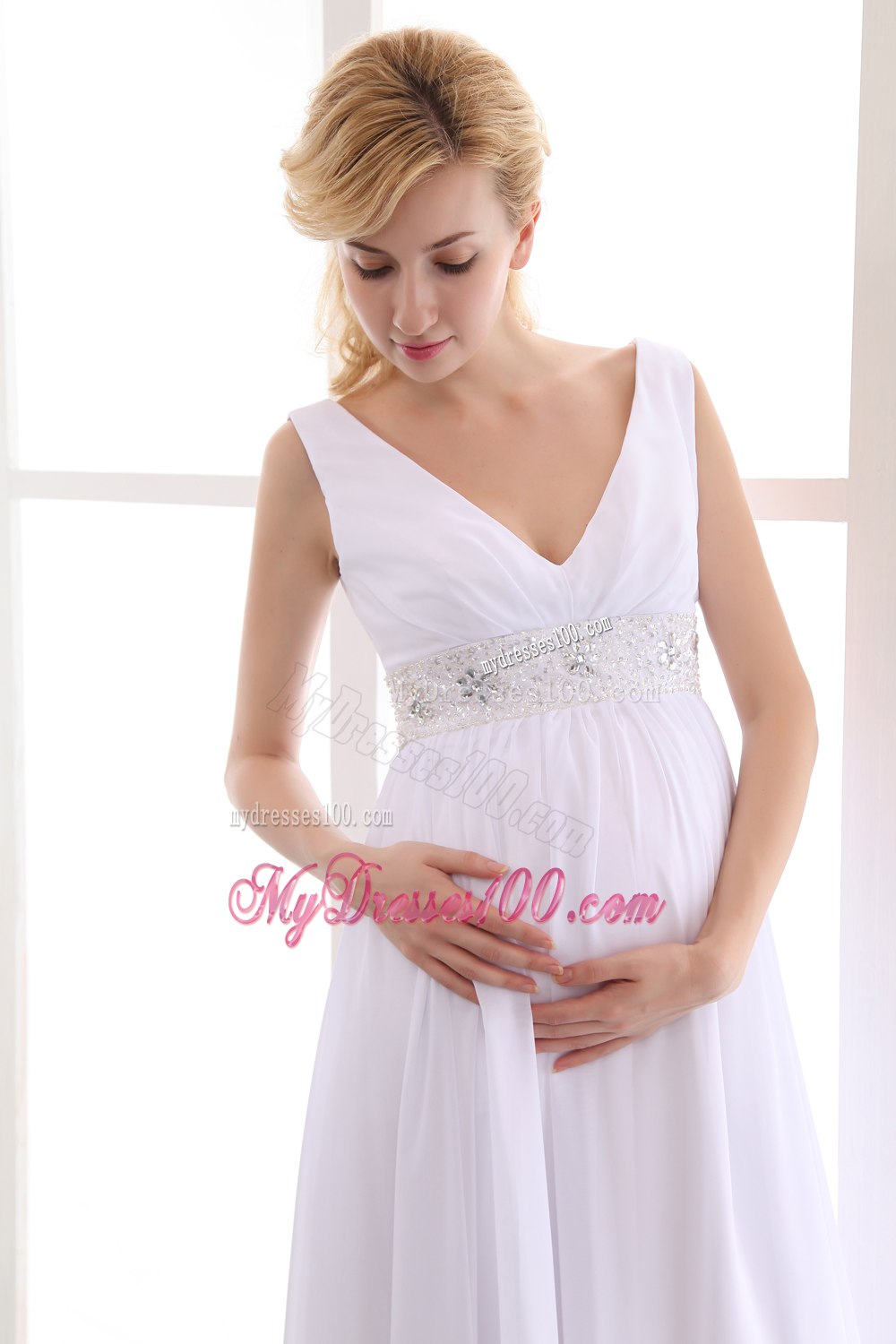 Popular Empire V-neck Ankle-length Beading Maternity Wedding Dress