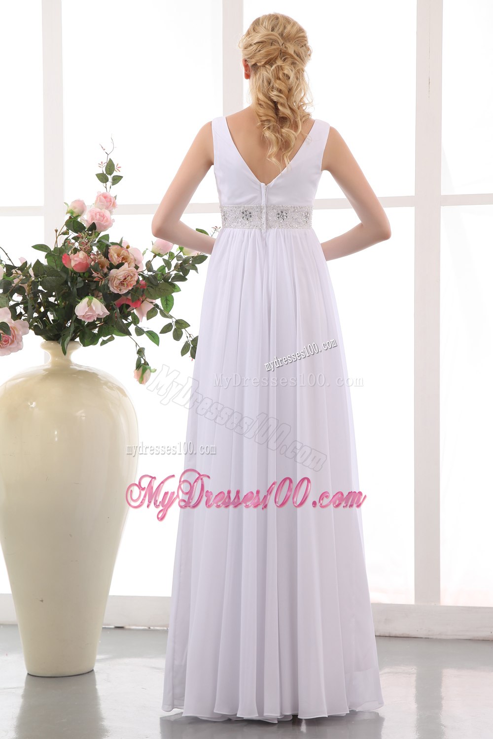 Popular Empire V-neck Ankle-length Beading Maternity Wedding Dress
