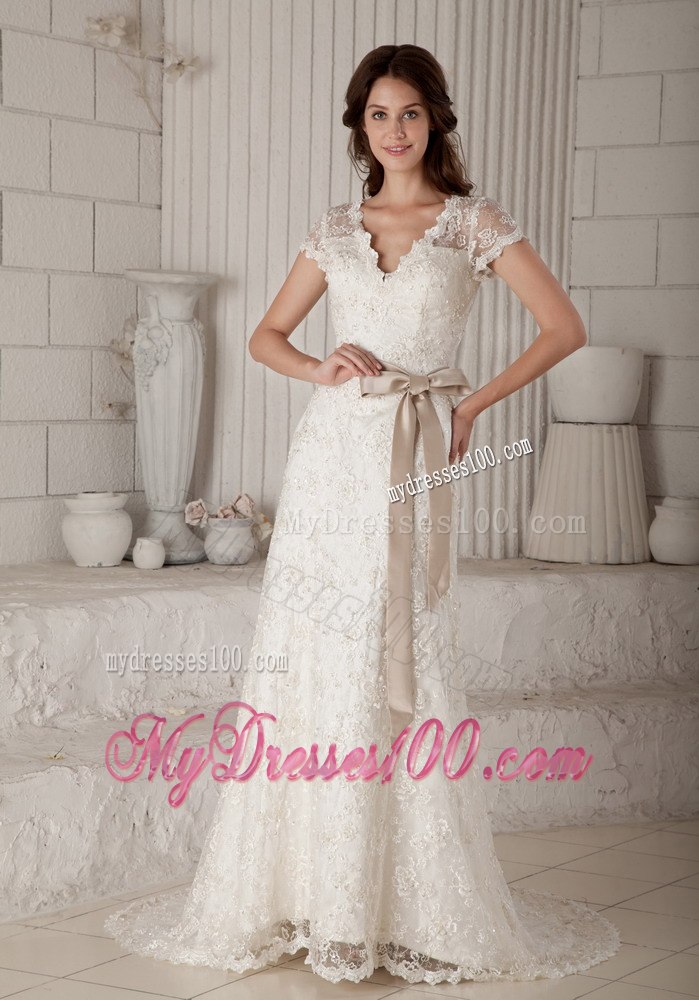 Pretty Column Sheath V-neck Bow Short Sleeves Wedding Dresses