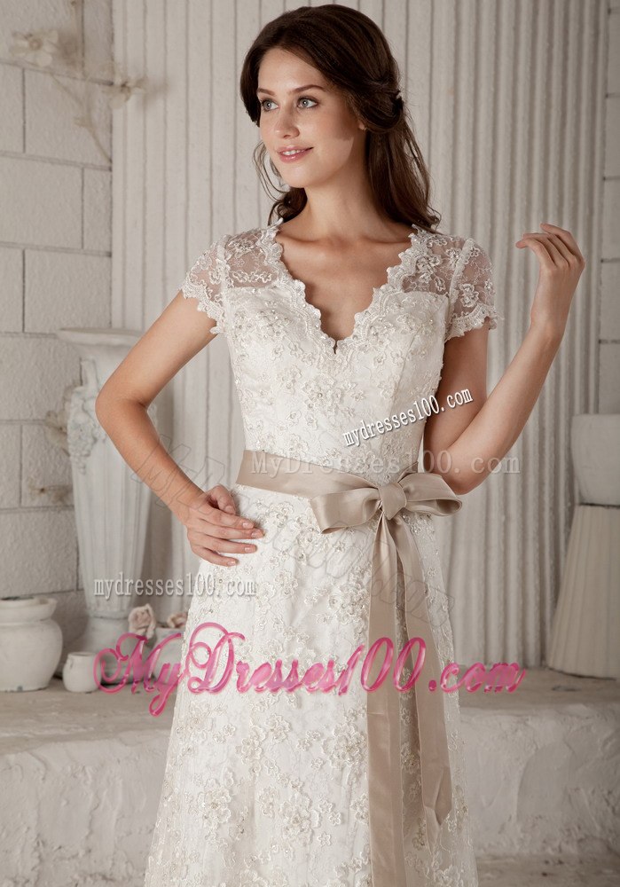 Pretty Column Sheath V-neck Bow Short Sleeves Wedding Dresses