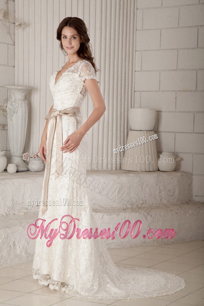 Pretty Column Sheath V-neck Bow Short Sleeves Wedding Dresses