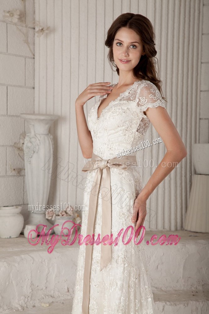 Pretty Column Sheath V-neck Bow Short Sleeves Wedding Dresses