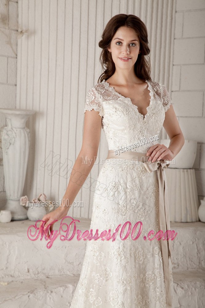 Pretty Column Sheath V-neck Bow Short Sleeves Wedding Dresses