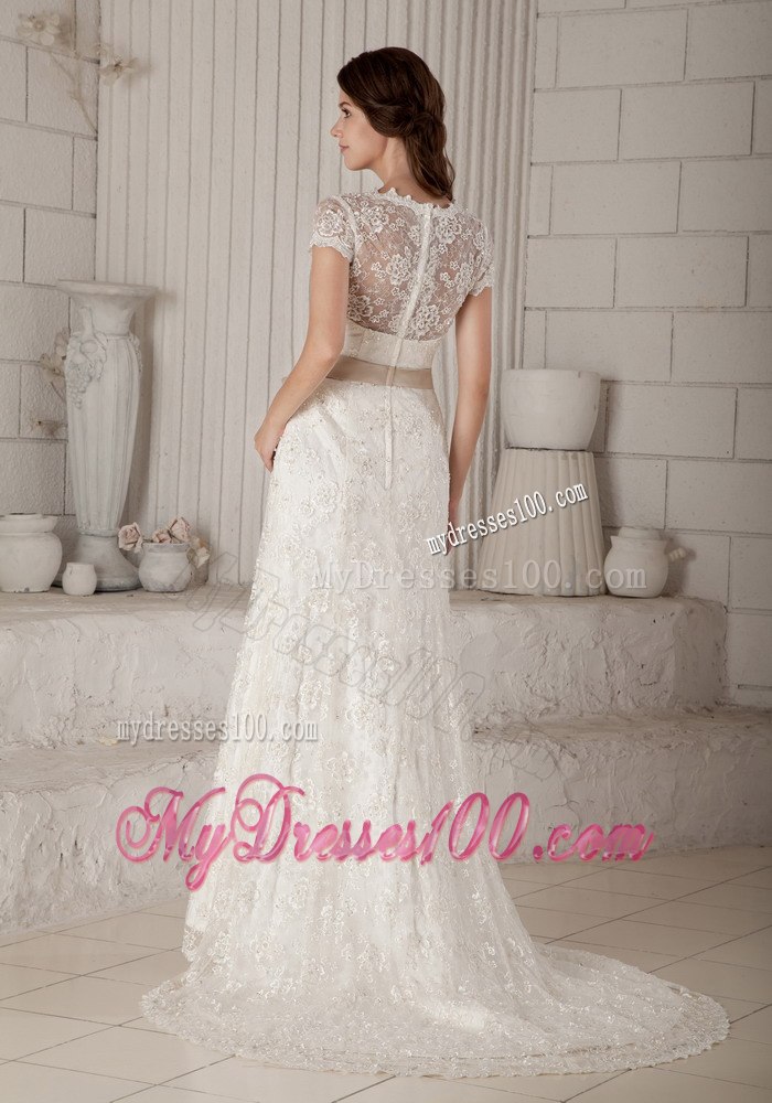 Pretty Column Sheath V-neck Bow Short Sleeves Wedding Dresses