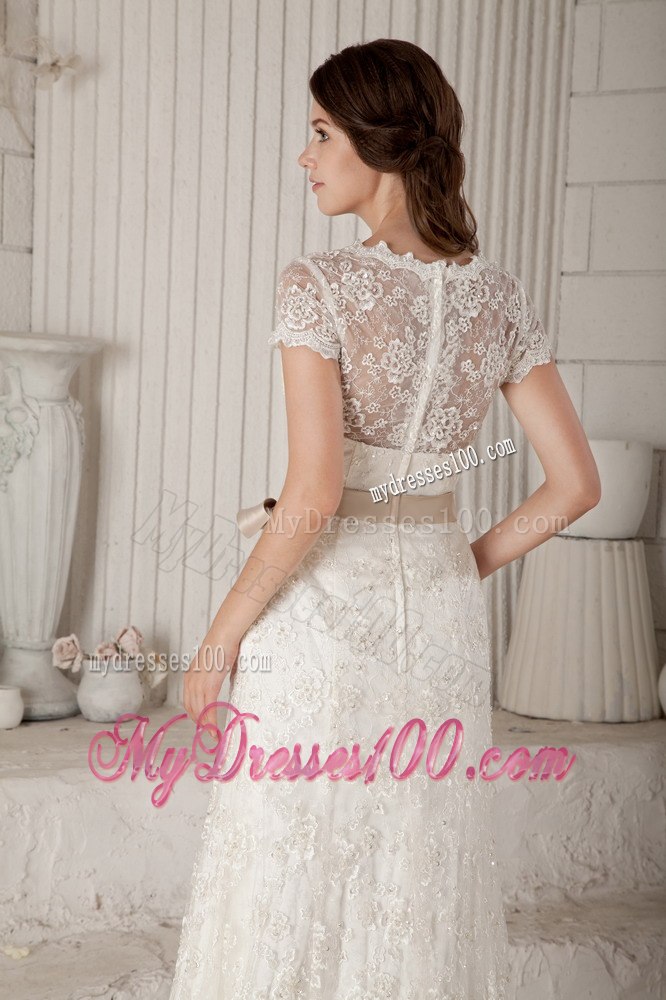 Pretty Column Sheath V-neck Bow Short Sleeves Wedding Dresses