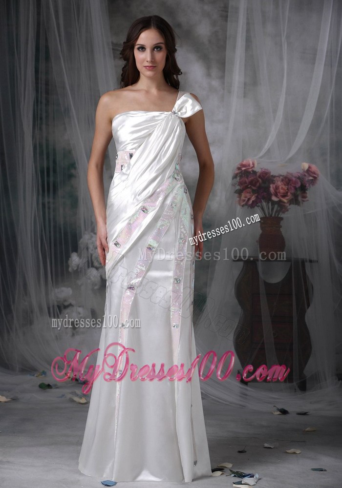 Pretty Column One Shoulder long Beading and Ruching Wedding Dress
