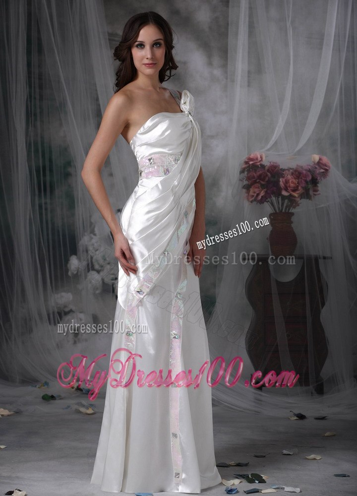 Pretty Column One Shoulder long Beading and Ruching Wedding Dress