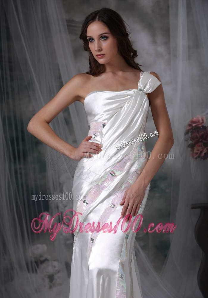 Pretty Column One Shoulder long Beading and Ruching Wedding Dress
