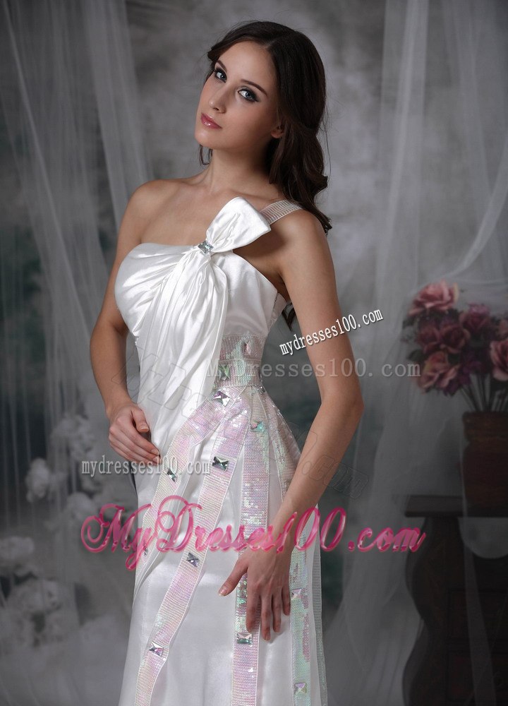 Pretty Column One Shoulder long Beading and Ruching Wedding Dress