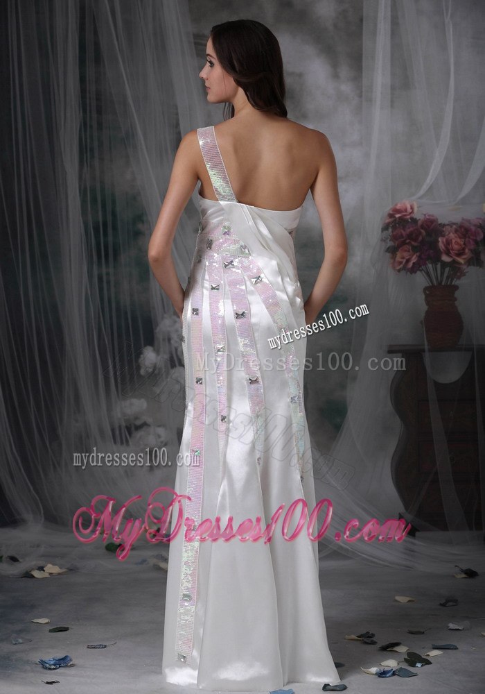 Pretty Column One Shoulder long Beading and Ruching Wedding Dress