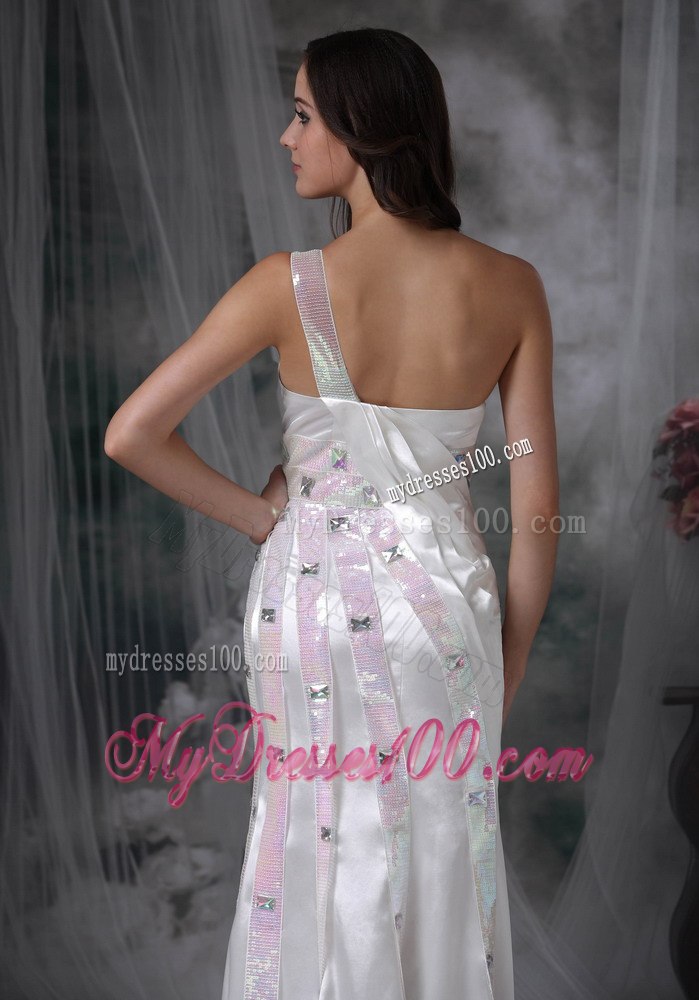 Pretty Column One Shoulder long Beading and Ruching Wedding Dress