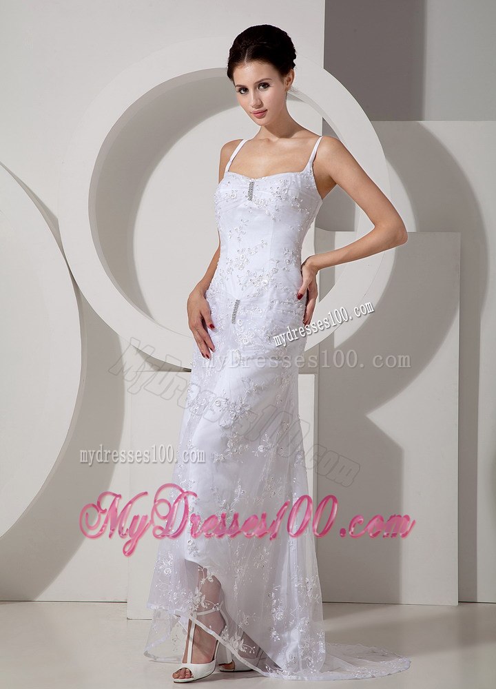 Affordable Column Straps Brush Train Beading Garden Wedding Dress