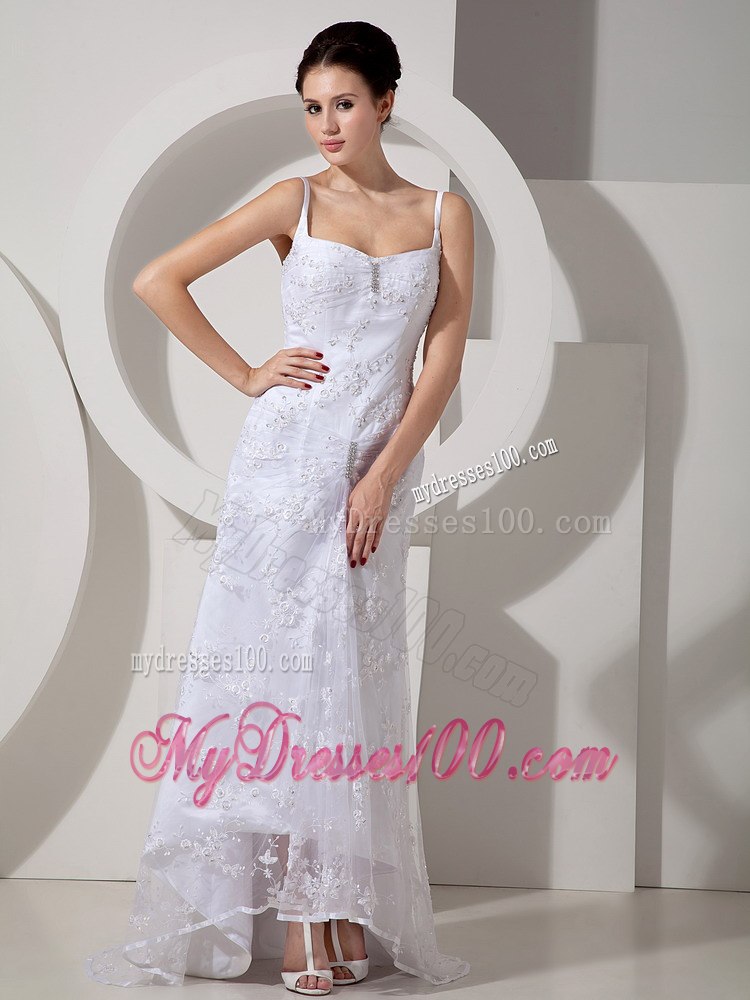 Affordable Column Straps Brush Train Beading Garden Wedding Dress