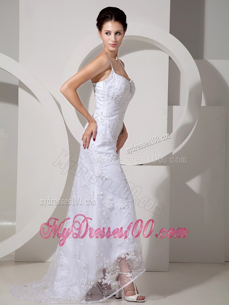 Affordable Column Straps Brush Train Beading Garden Wedding Dress