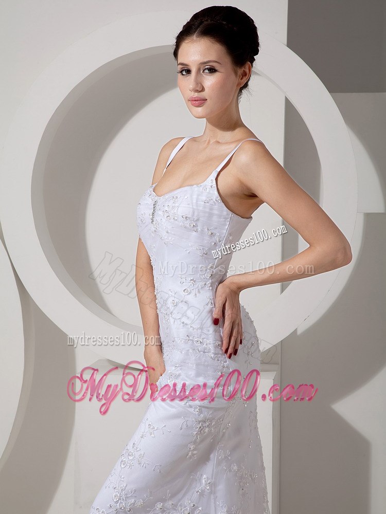 Affordable Column Straps Brush Train Beading Garden Wedding Dress