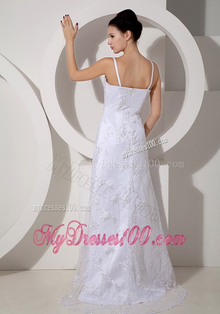 Affordable Column Straps Brush Train Beading Garden Wedding Dress