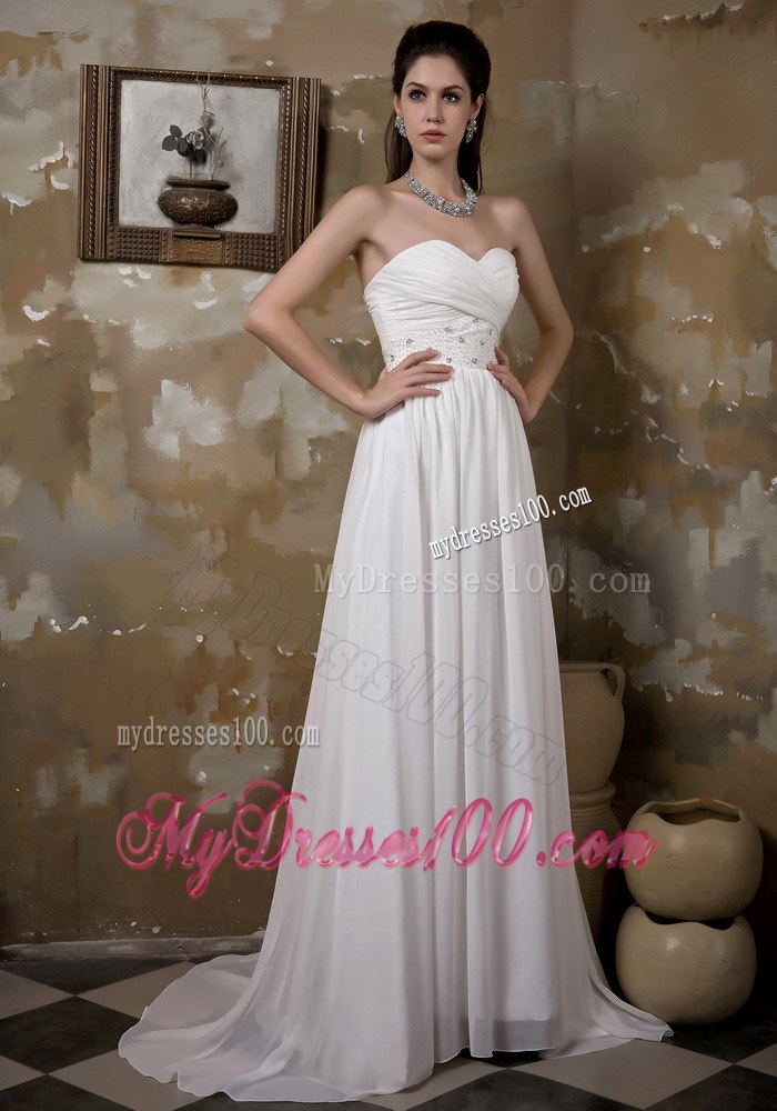 Pretty Empire Sweetheart Brush Train Beading Ruched Wedding Dresses