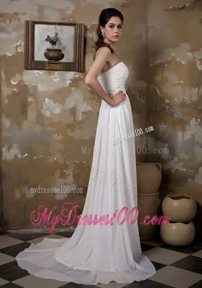 Pretty Empire Sweetheart Brush Train Beading Ruched Wedding Dresses