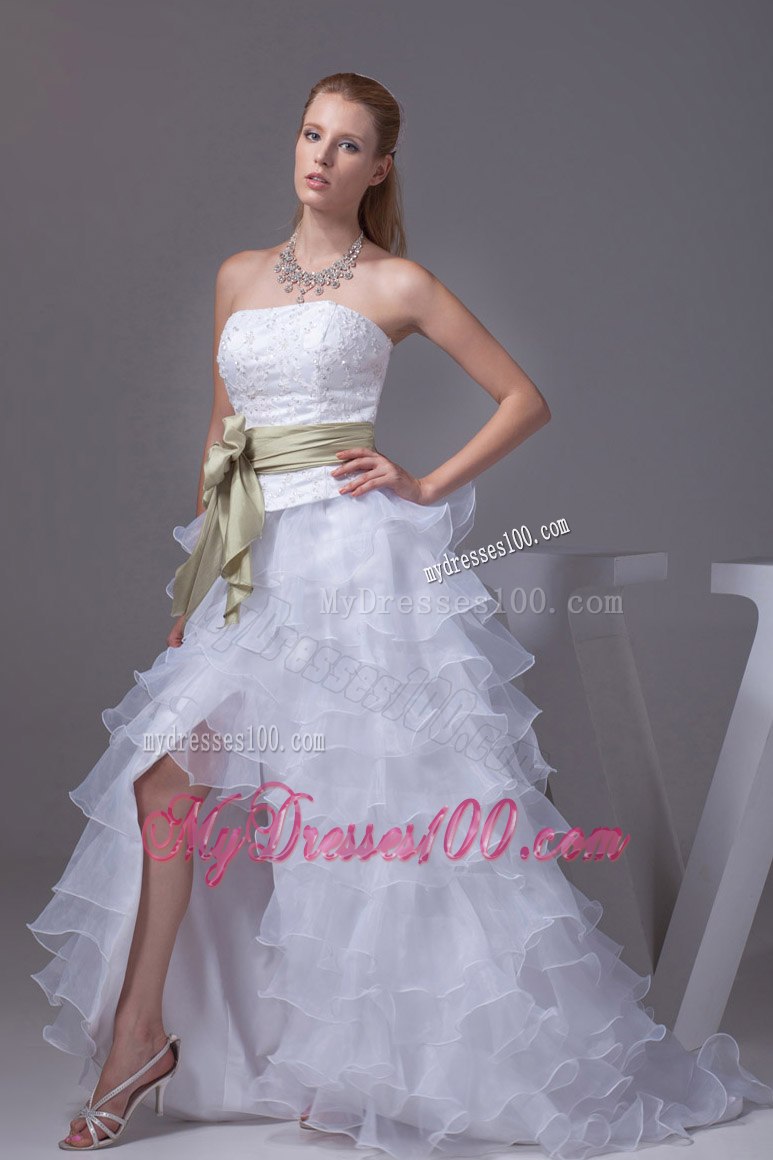 Princess High-low Sash Ruffled Layers Embroidery Wedding Dress