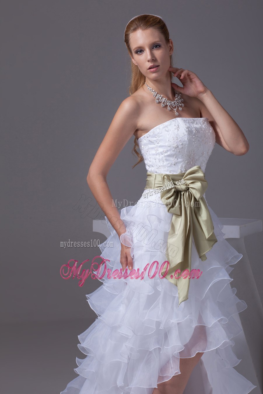 Princess High-low Sash Ruffled Layers Embroidery Wedding Dress