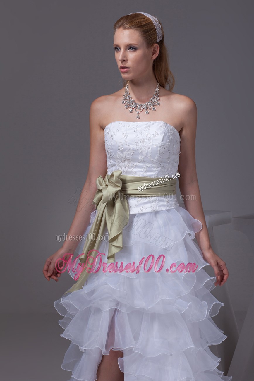 Princess High-low Sash Ruffled Layers Embroidery Wedding Dress