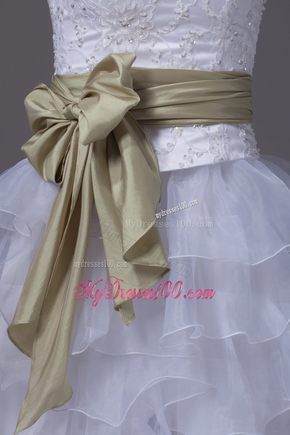 Princess High-low Sash Ruffled Layers Embroidery Wedding Dress