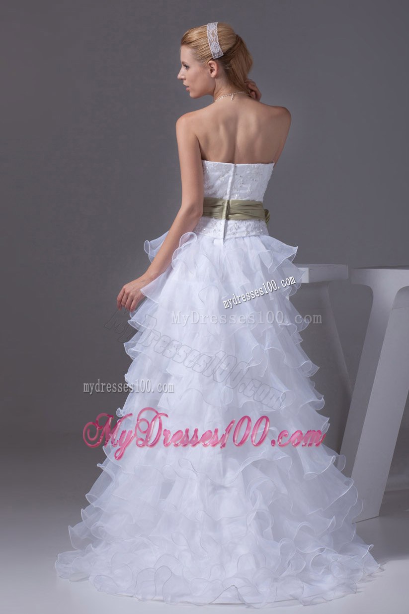 Princess High-low Sash Ruffled Layers Embroidery Wedding Dress