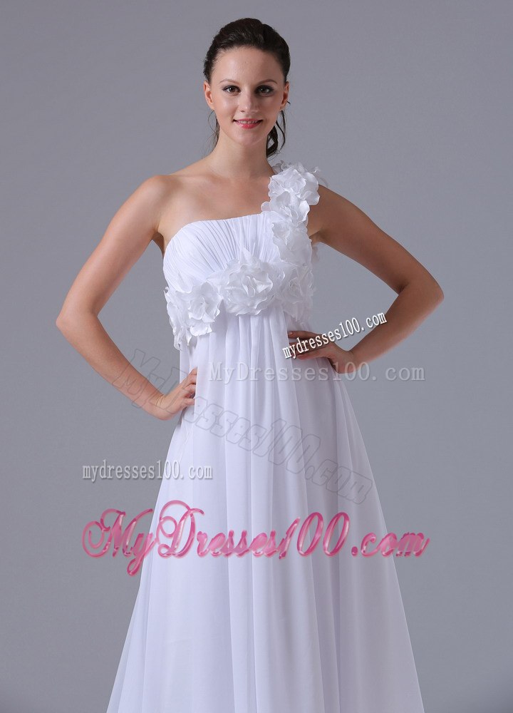 Romantic One Shoulder Hand Made Flowers and Ruched Wedding Dress