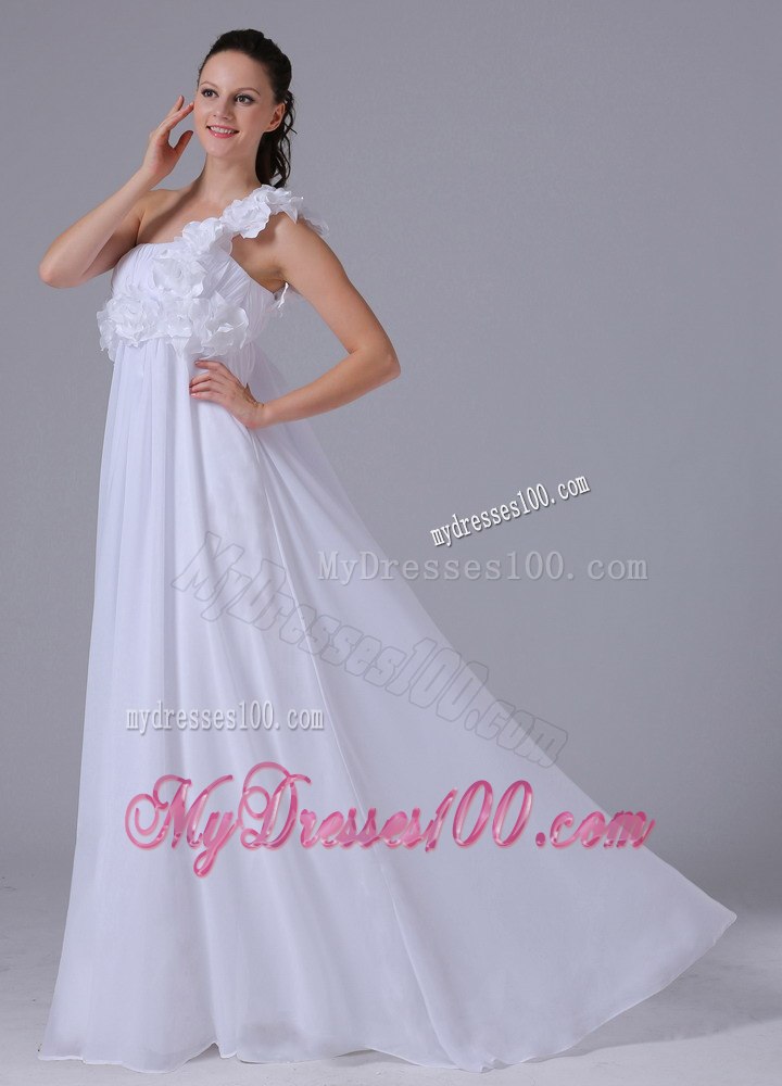 Romantic One Shoulder Hand Made Flowers and Ruched Wedding Dress