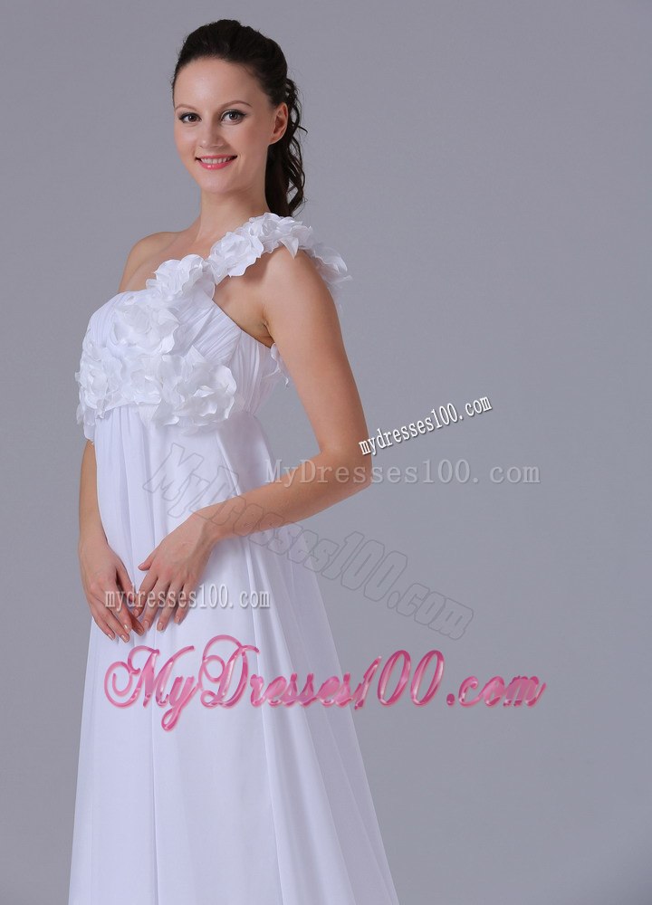 Romantic One Shoulder Hand Made Flowers and Ruched Wedding Dress