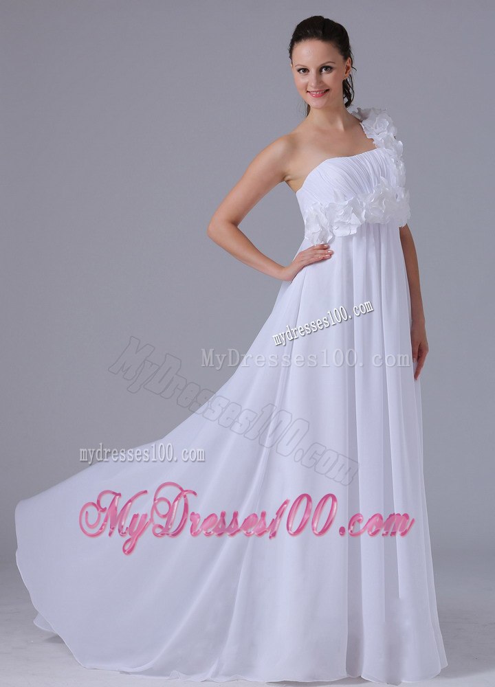 Romantic One Shoulder Hand Made Flowers and Ruched Wedding Dress