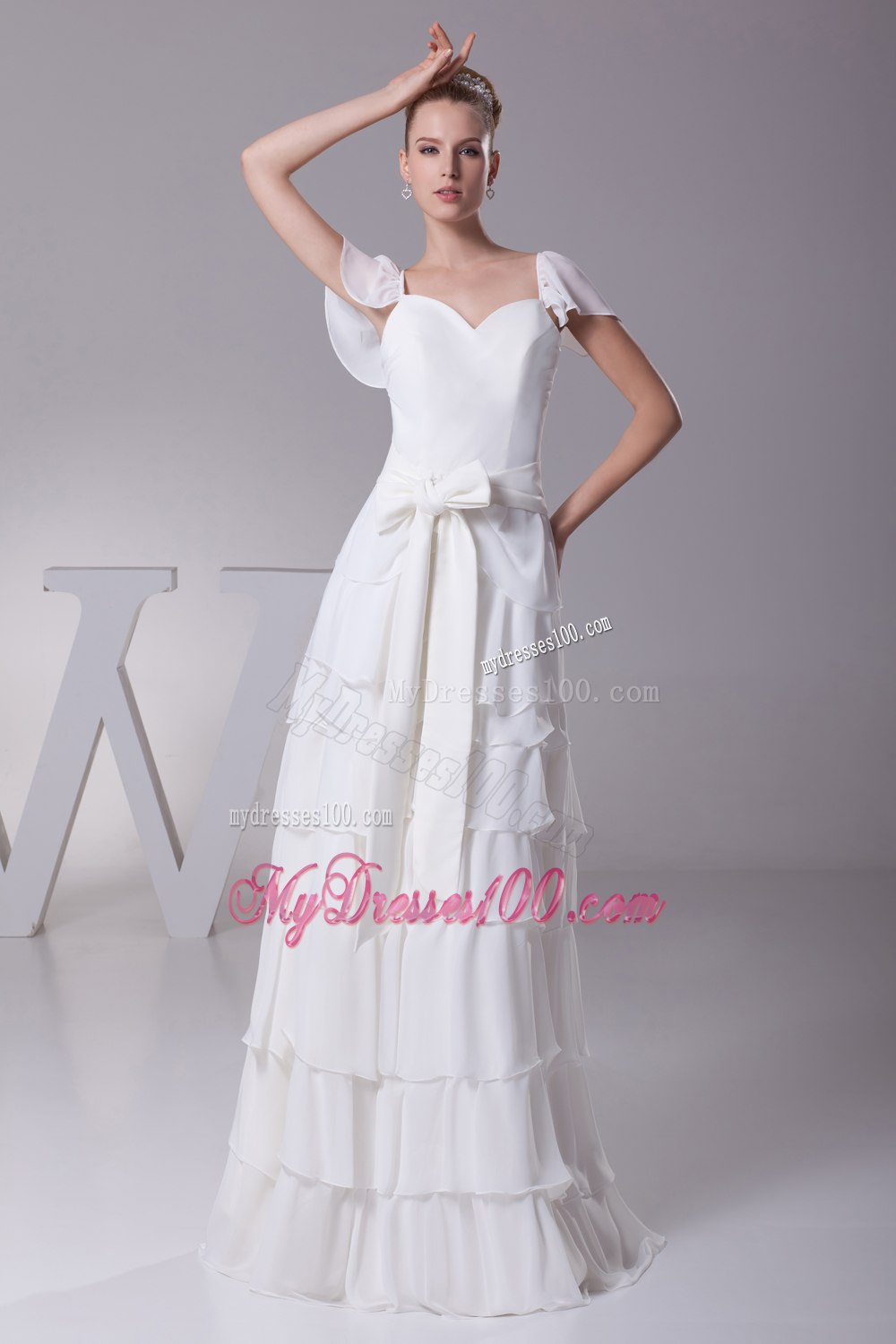 Ruffled Layers Sash V-neck Cap Sleeves Wedding Dress