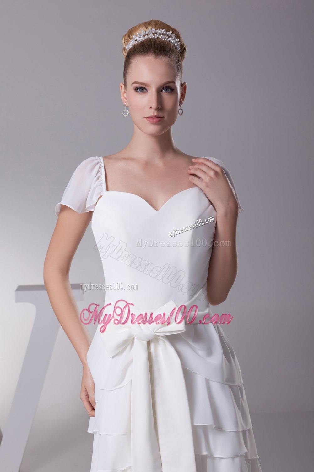 Ruffled Layers Sash V-neck Cap Sleeves Wedding Dress