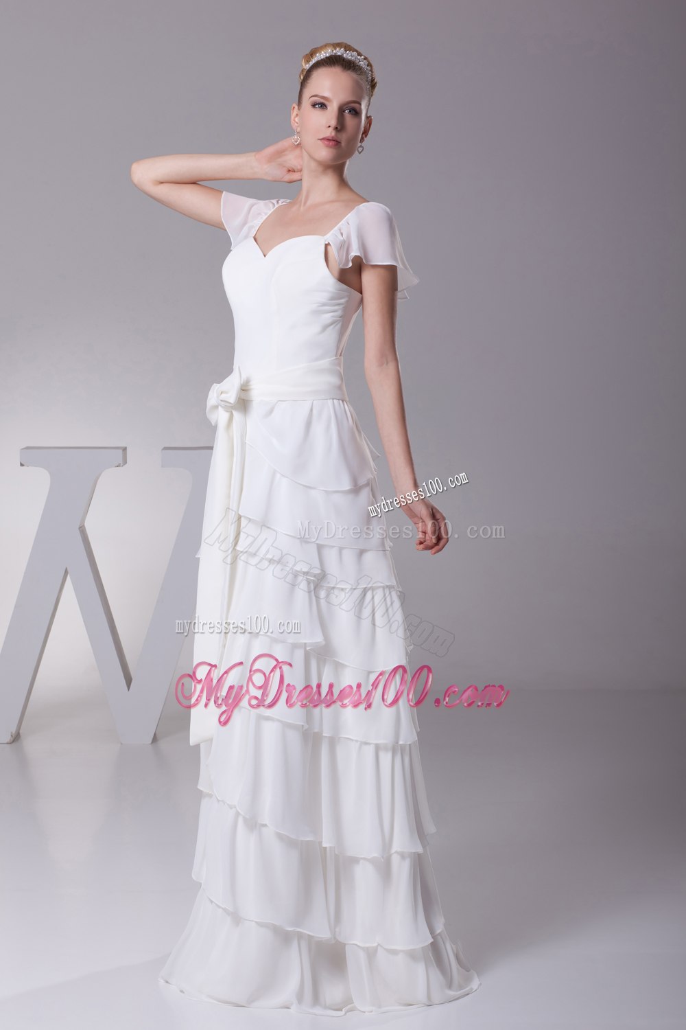 Ruffled Layers Sash V-neck Cap Sleeves Wedding Dress