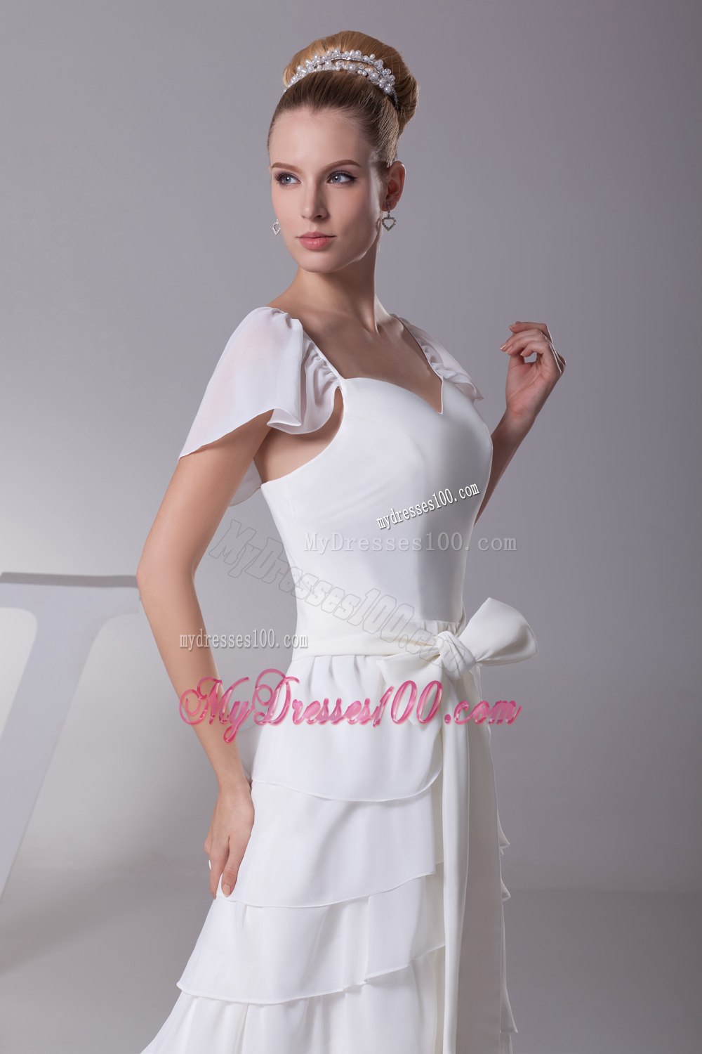 Ruffled Layers Sash V-neck Cap Sleeves Wedding Dress