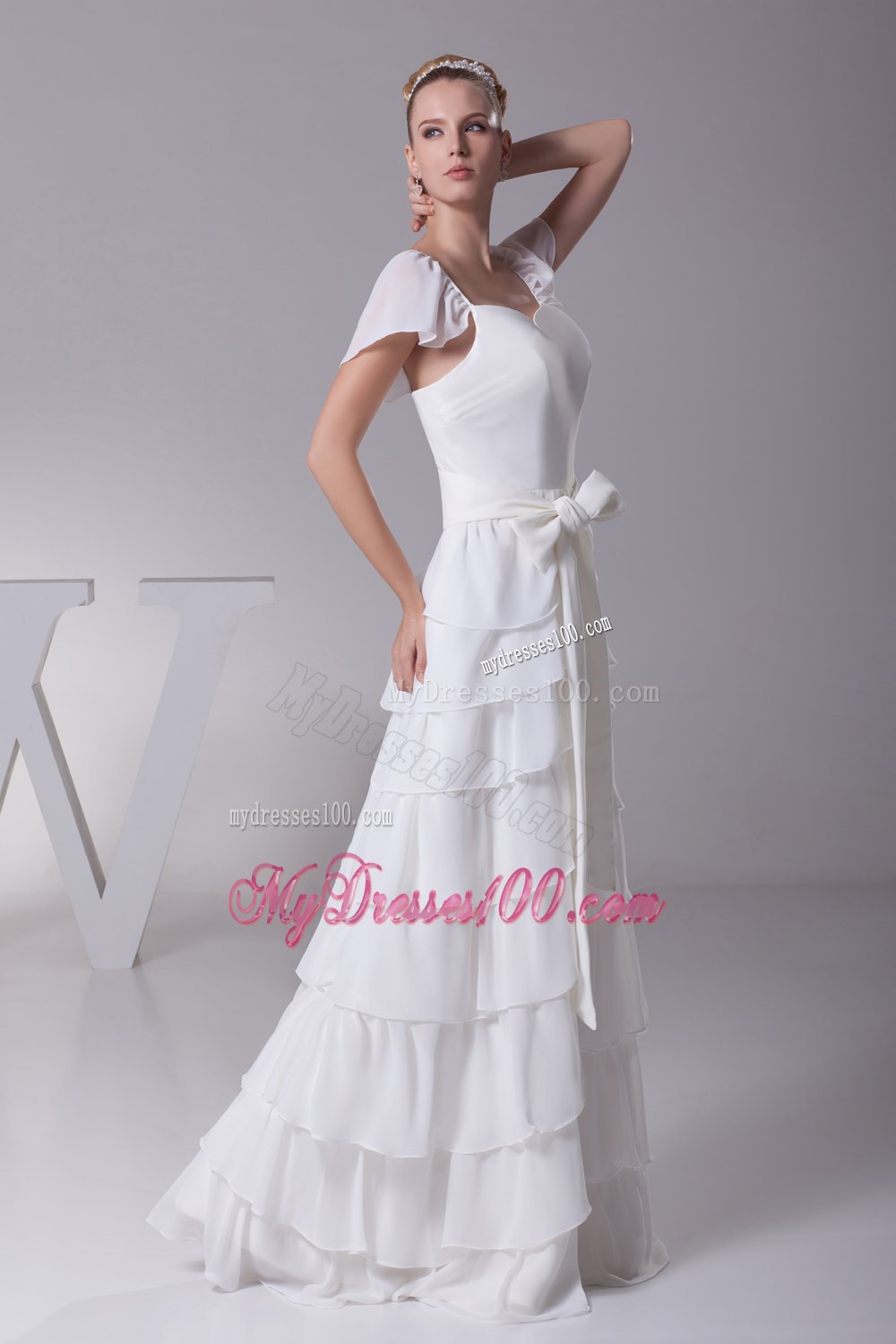 Ruffled Layers Sash V-neck Cap Sleeves Wedding Dress