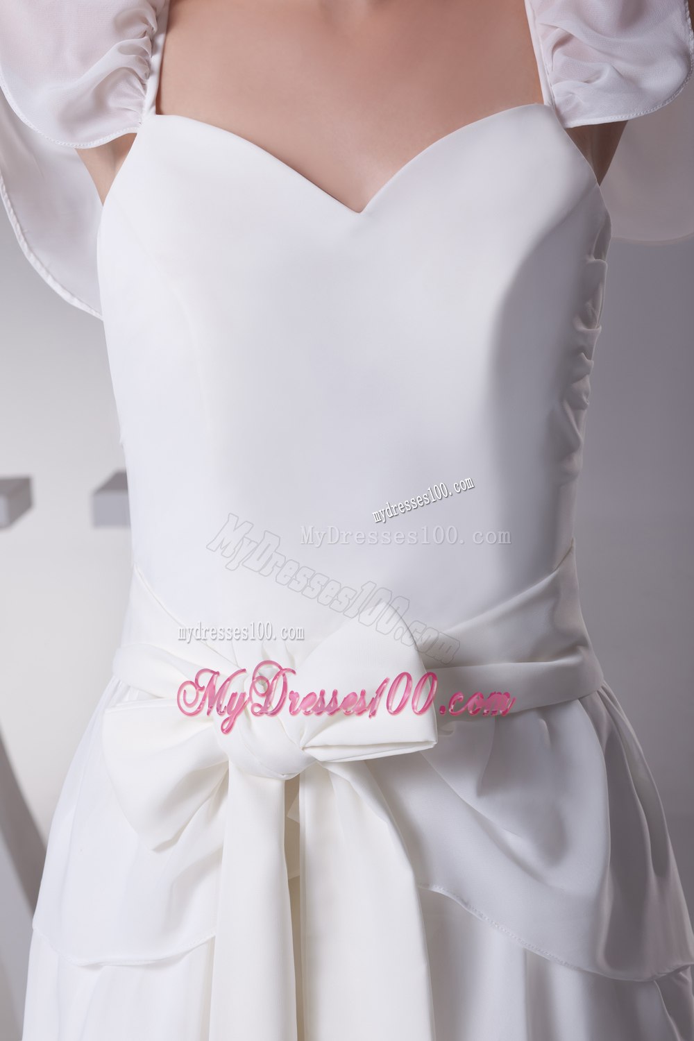 Ruffled Layers Sash V-neck Cap Sleeves Wedding Dress