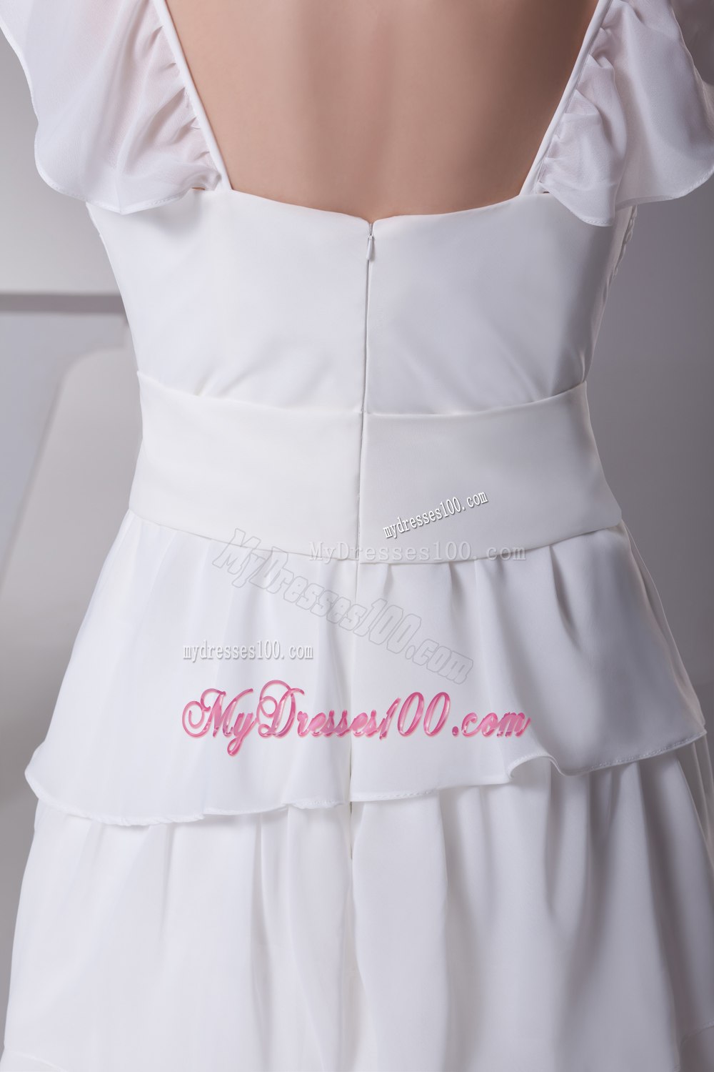 Ruffled Layers Sash V-neck Cap Sleeves Wedding Dress