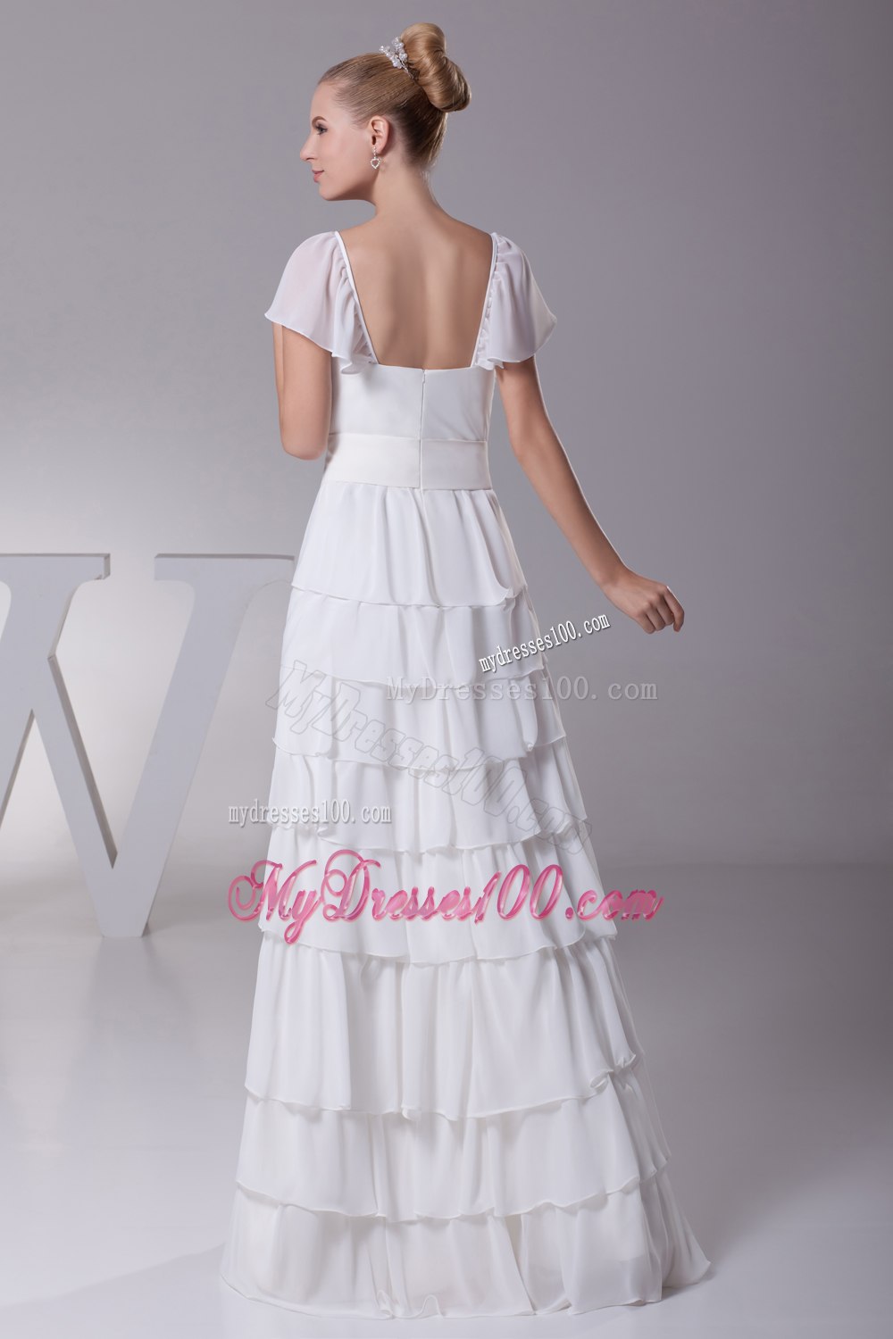 Ruffled Layers Sash V-neck Cap Sleeves Wedding Dress