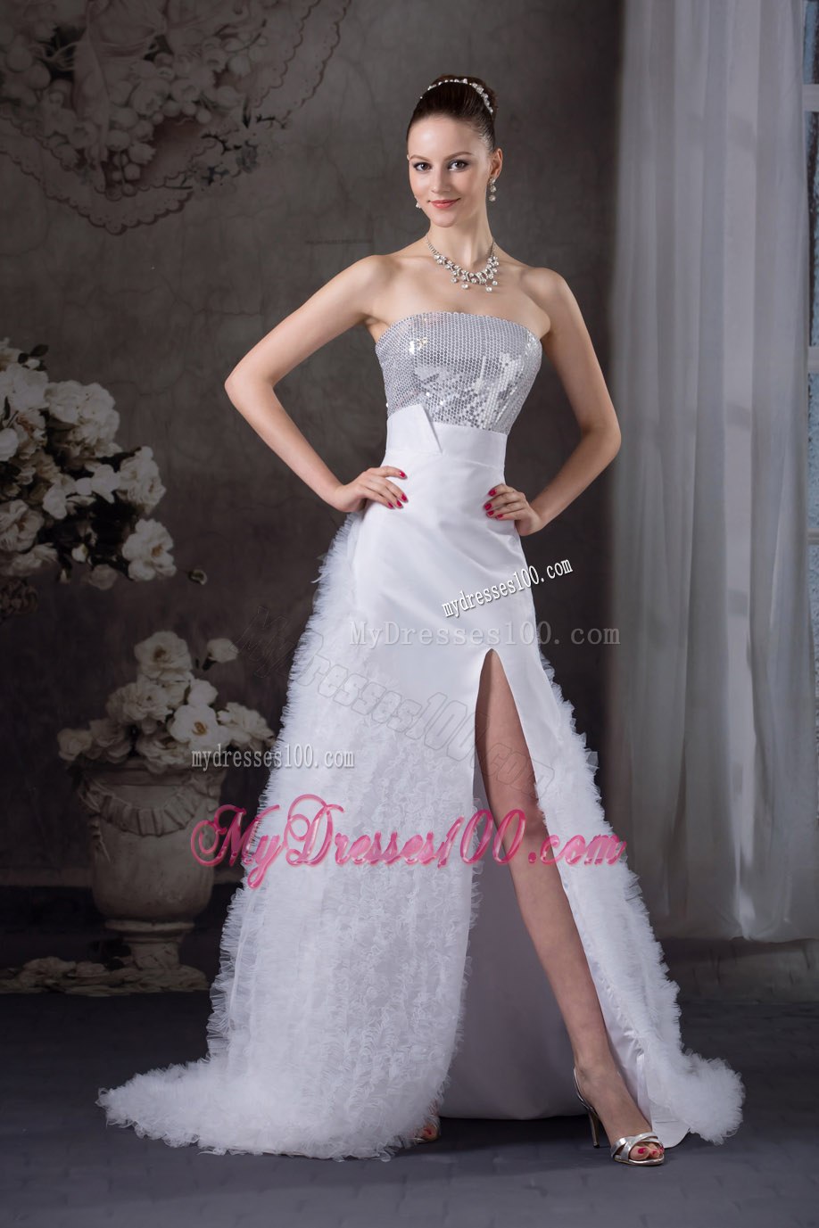 Ruffles Strapless High slit Brush Train Sequins Hall Wedding Dress