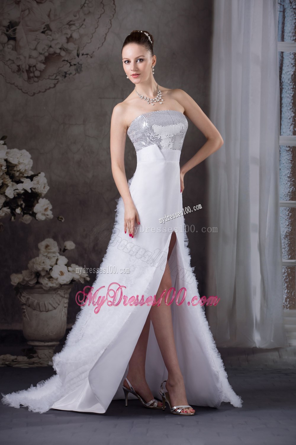 Ruffles Strapless High slit Brush Train Sequins Hall Wedding Dress