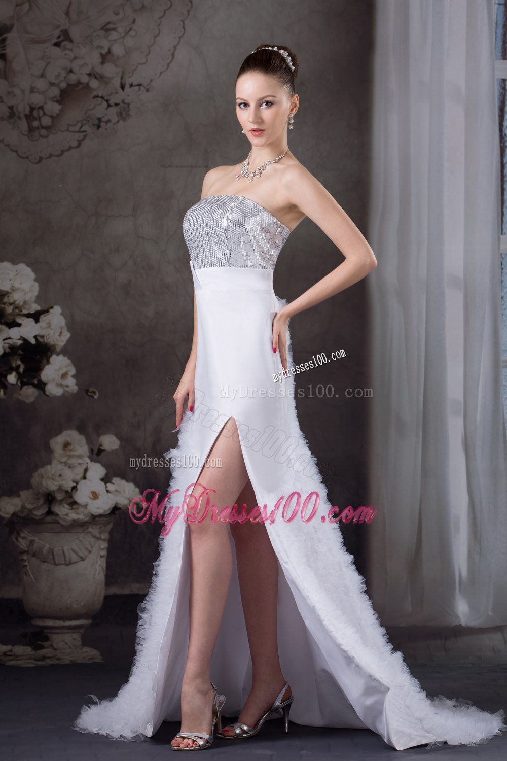 Ruffles Strapless High slit Brush Train Sequins Hall Wedding Dress