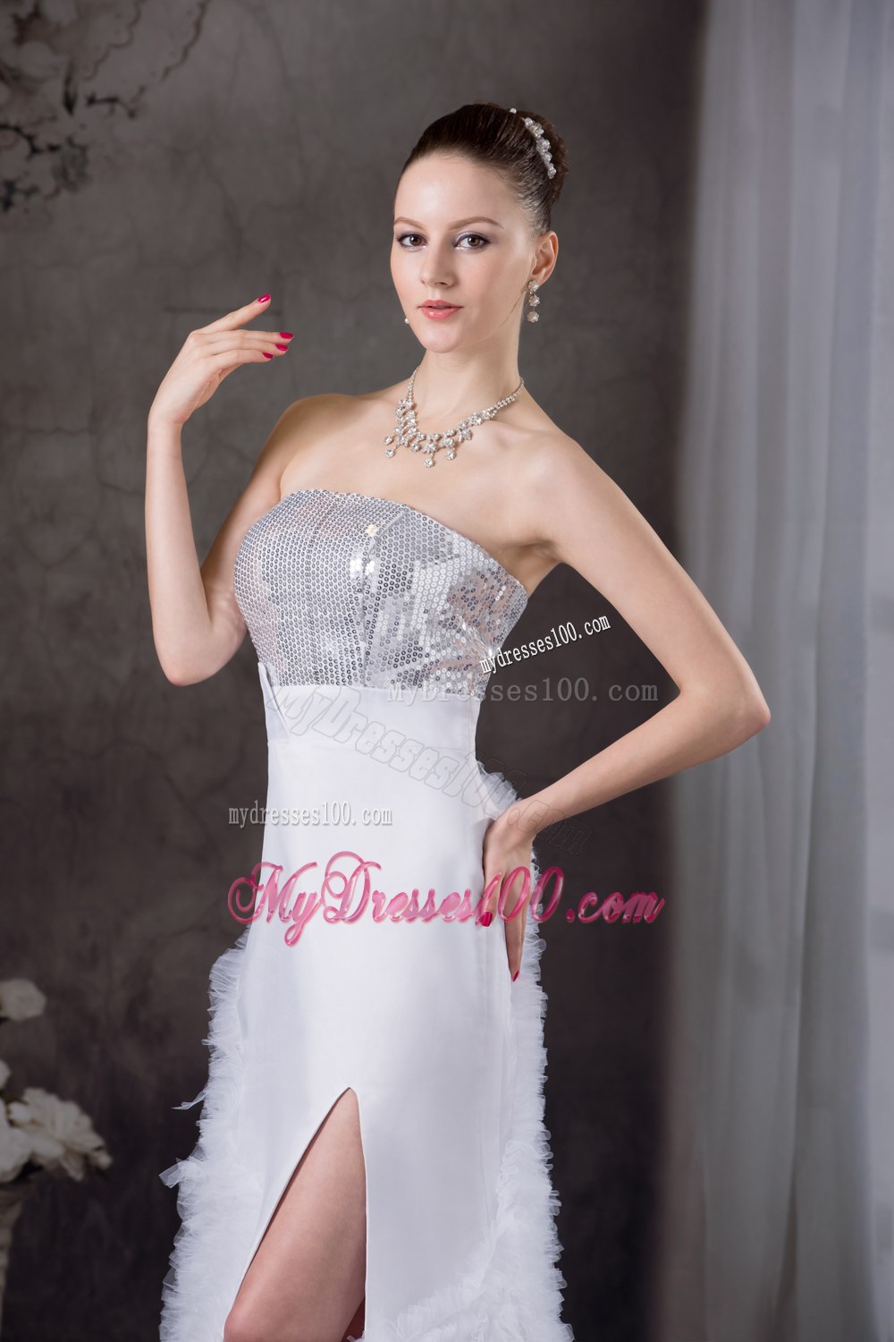 Ruffles Strapless High slit Brush Train Sequins Hall Wedding Dress